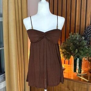 American Dream Brown Beaded Babydoll Cami Top Smocked Back Y2K Boho Small